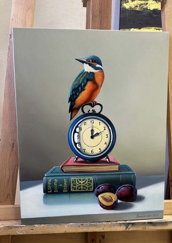 Still life with bird, clock and books