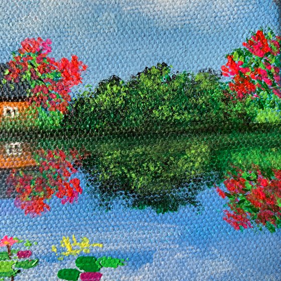 House by water lilies pond - 2 ! Small Painting!!  Ready to hang