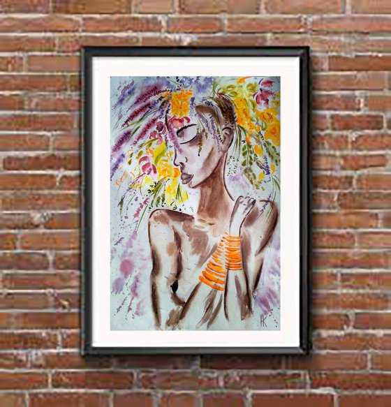 Flower Head Painting Woman Original Art African Queen Watercolor Lady with Flower Hat Artwork Home Wall Art 12 by 17" by Halyna Kirichenko