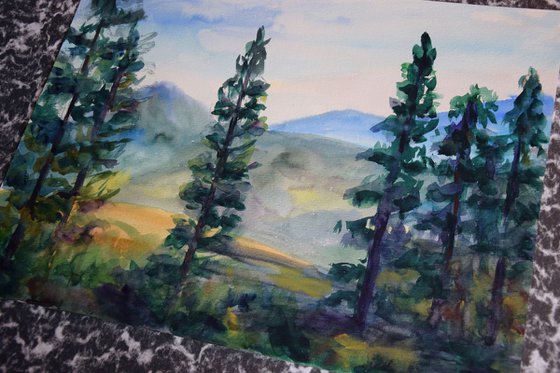 Slovak watercolor painting Forest mountains