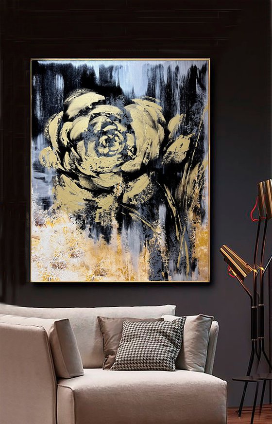 Golden Black abstract painting. Black and gold abstraction flower.  AMAZING GOLD