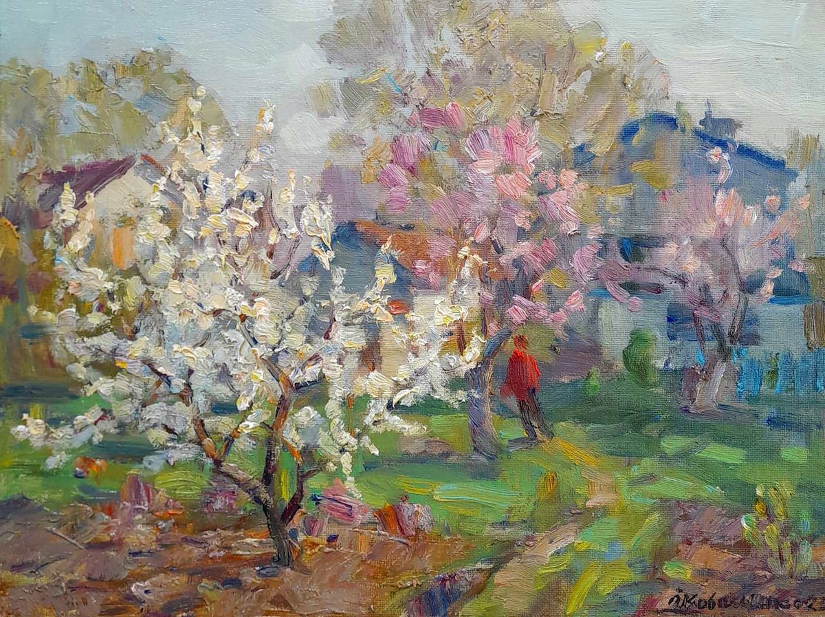 Impressionistic Landscape Oil Painting By Ivan Kovalenko, 16 X 12, Well In The Yard, Original Artwork