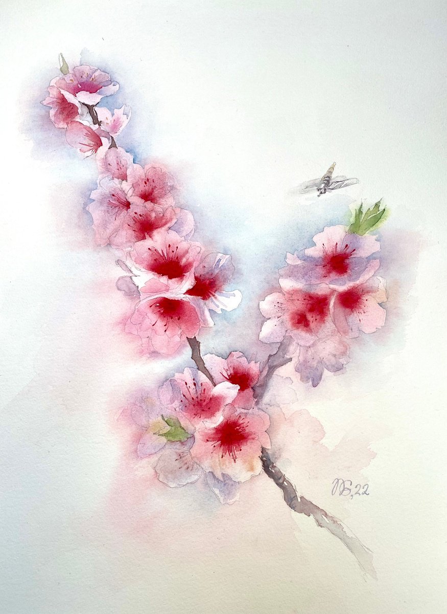 Impressionistic Botanical Watercolour By Natalia Galnbek, 12 X 16", Blooming Almonds, Original Artwork