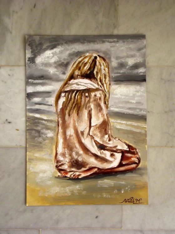 PRAYING FOR SALVATION - SEASIDE GIRL - Oil painting (30x42cm)