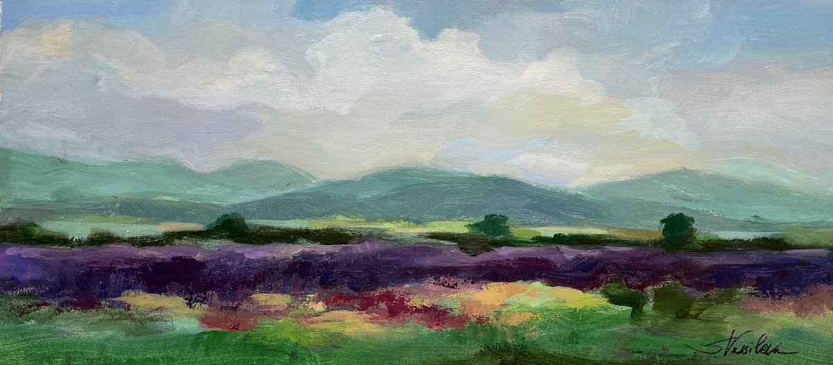 Impressionistic Landscape Acrylic Painting By Silvia Vassileva, 26 X 12", May Lavender Field I, Original Artwork