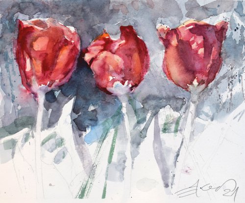 Three  tulips.. by Goran Žigolić Watercolors