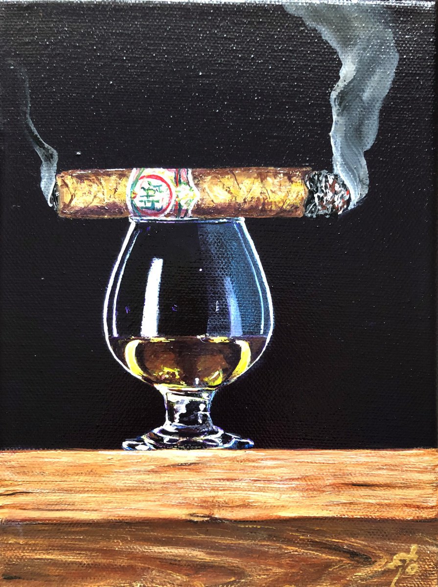 Photorealistic Still Life Acrylic Painting By Lena Smirnova, 6 X 8", Whisky And Cigar #24-1, Original Artwork