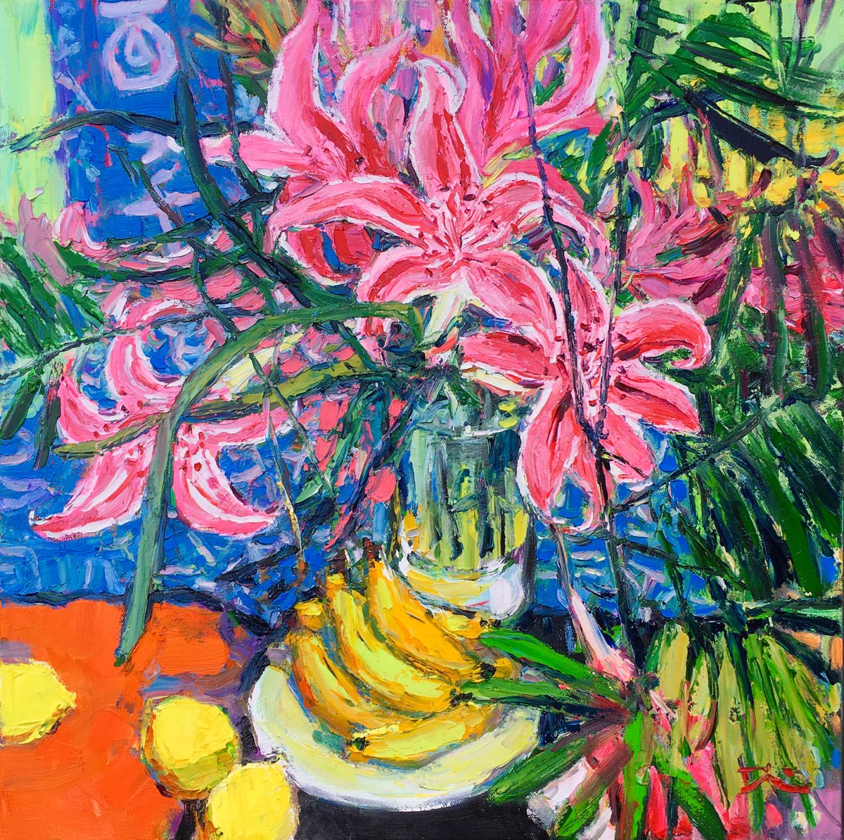 Impressionistic Botanical Oil Painting By Dong Lin Zhang, 24 X 24, Red Flower, Original Artwork