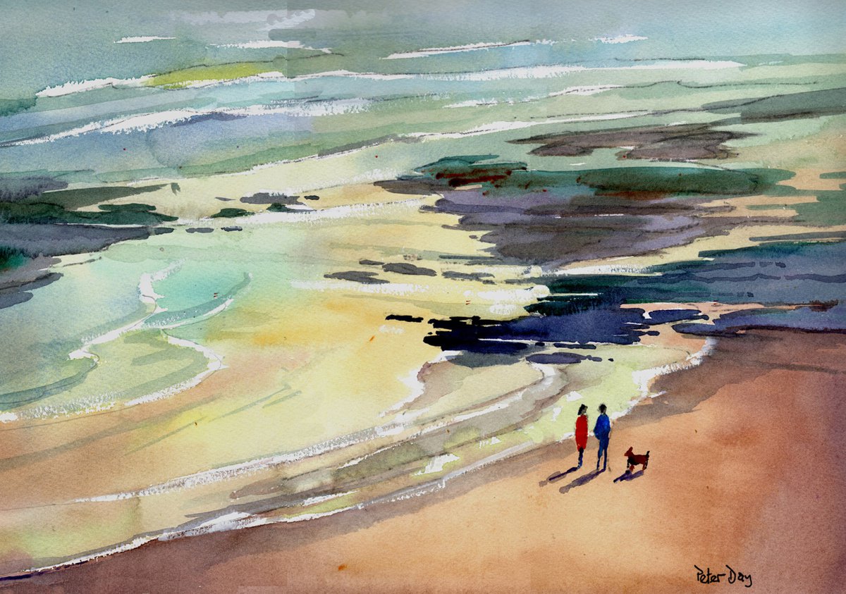 Impressionistic Landscape Watercolour By Peter Day, 17 X 13", Winter Louisa Bay, Broadstairs, Original Artwork