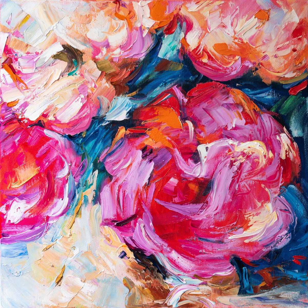 Expressive Botanical Oil Painting By Vasyl Moldavchuk, 16 X 16", Abstract Flowers 1, Original Artwork