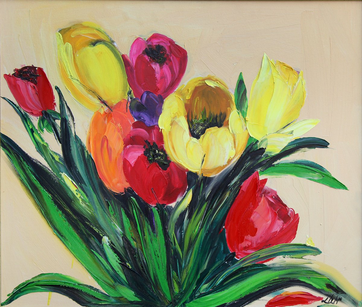 Impressionistic Botanical Oil Painting By Lilith Tonakanyan, 28 X 24", The Scent Of Tulips, Original Artwork
