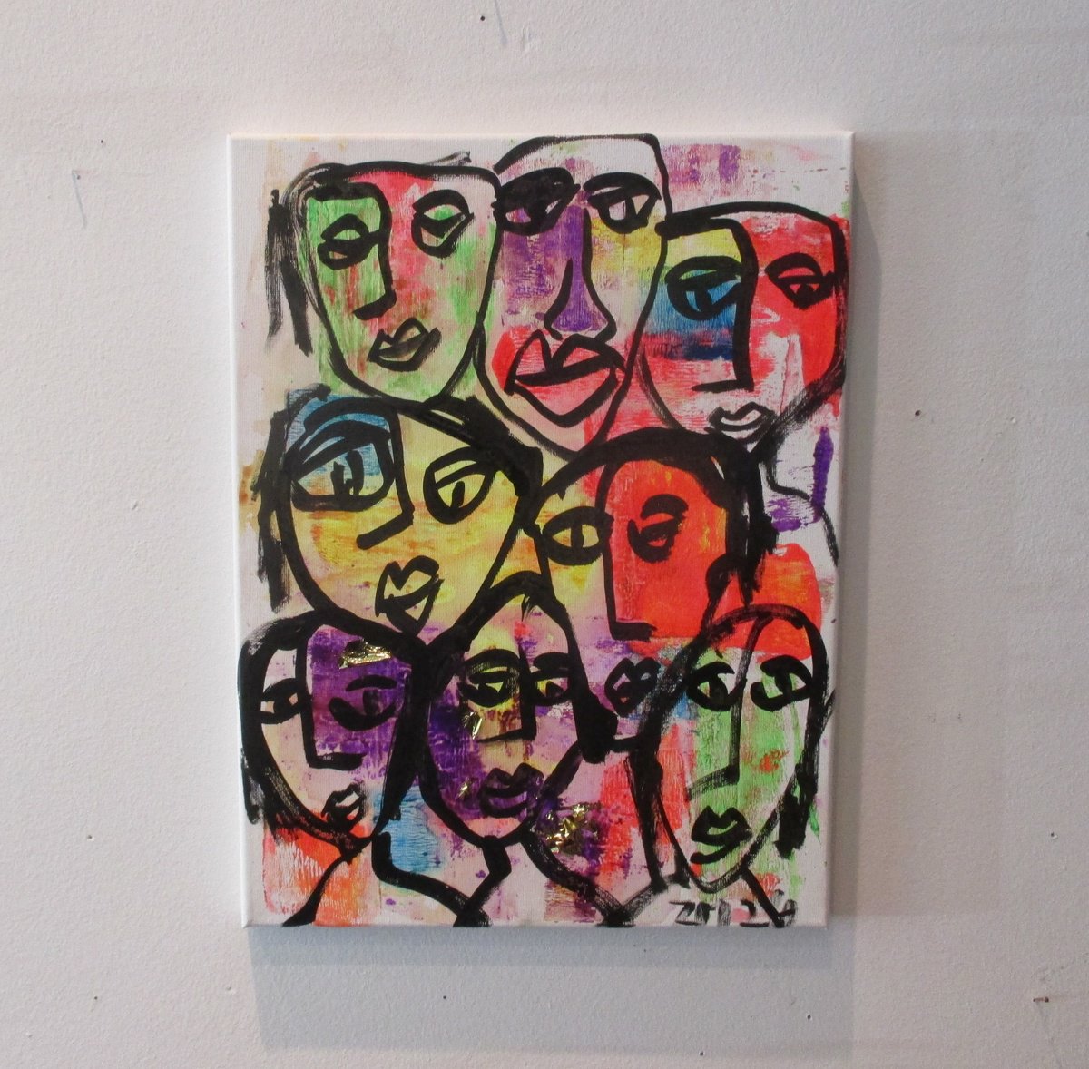 Expressive Portrait Acrylic Painting By Sonja Zeltner-Muller, 12 X 16", Expressive Neon Faces, Original Artwork