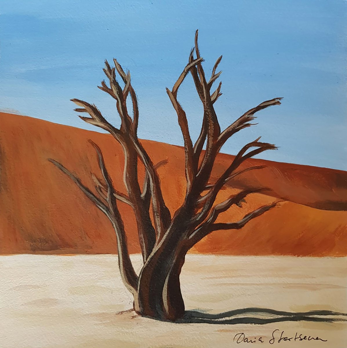 Impressionistic Landscape Acrylic Painting By Daria Startseva, 9 X 9, Desert Acacia, Original Artwork