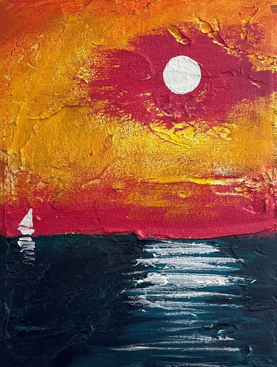 The Little Yacht 5 on the open Sea in acrylic and mixed medium abstract landscape