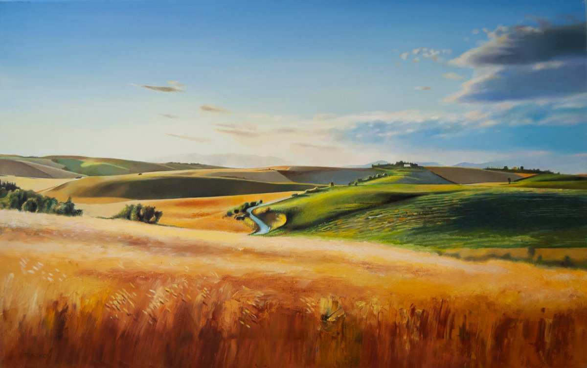 Photorealistic Landscape Oil Painting By Valeri Tsvetkov, 31 X 20", Golden Peace, Original Artwork