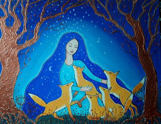 Night Goddess and the Foxes - Goddess Painting - Fox Art - Mystical Art - Pagan - Wiccan