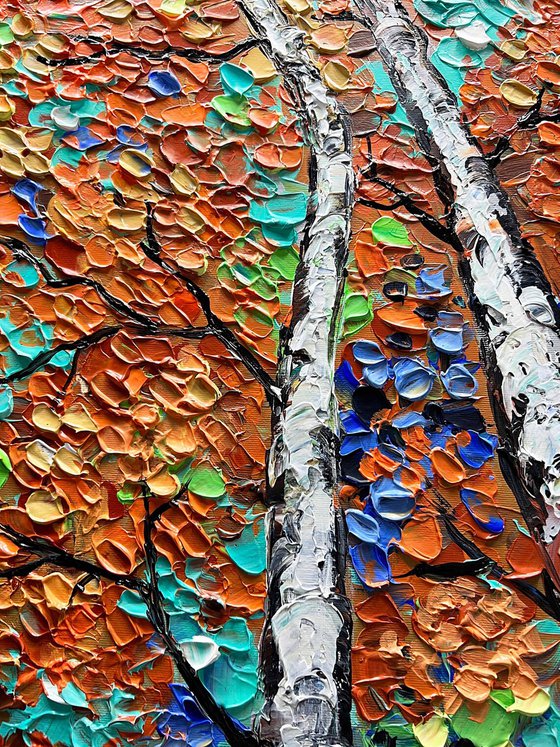 Entwined - 3D Textured Fall Gold Birch Trees Landscape Painting on Canvas, Original Abstract Nature Textured Tree Painting - SIZE: 24 X 32 INCHES (60 X 80 CM)