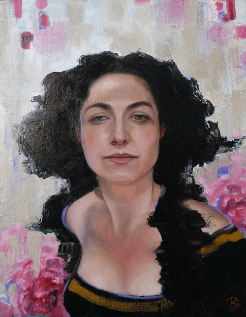 Girl with pink flowers by Kerry Lisa Davies