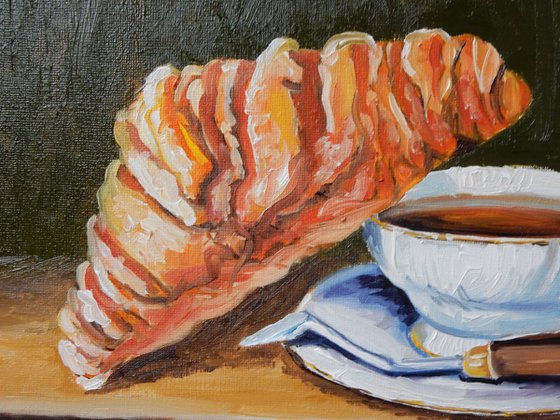 Artist's breakfast, croissant, cup of tea, palette knife . Still life. 30x40cm