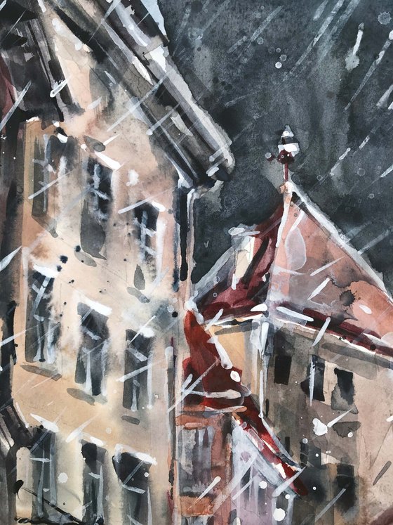 Snow street. one of the kind, original painting, watercolour.