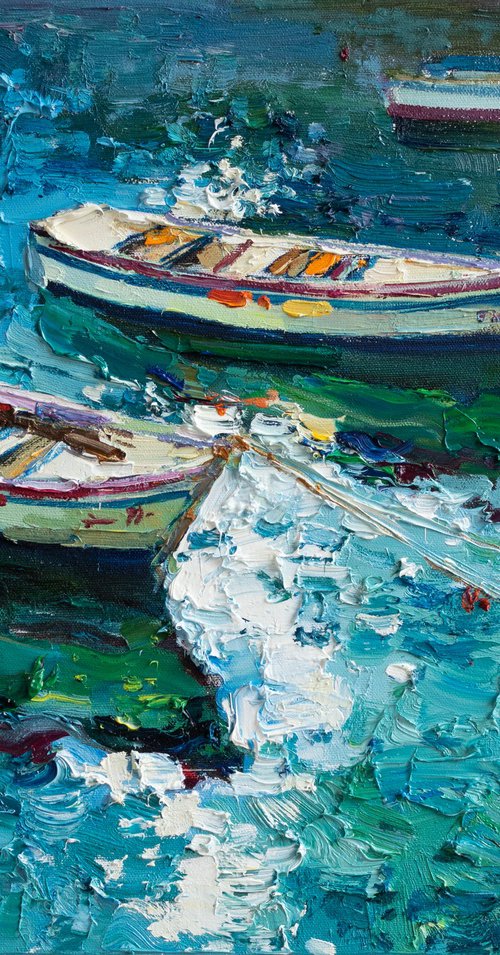 Boats  - Original impasto oil painting by Anastasiia Valiulina