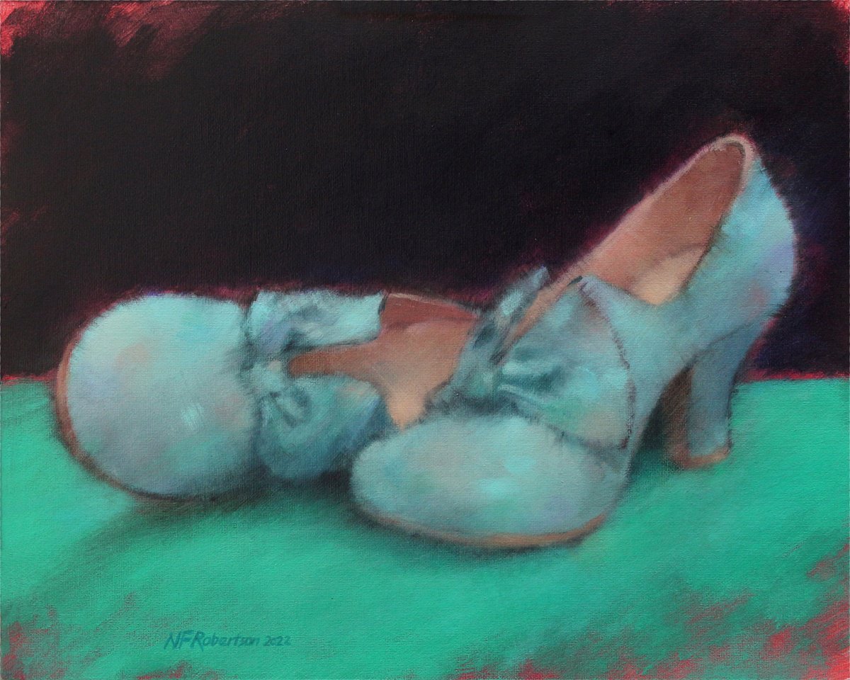 Still Life Acrylic Painting By Nicholas Robertson, 12 X 9", Blue Suede Shoes, Original Artwork