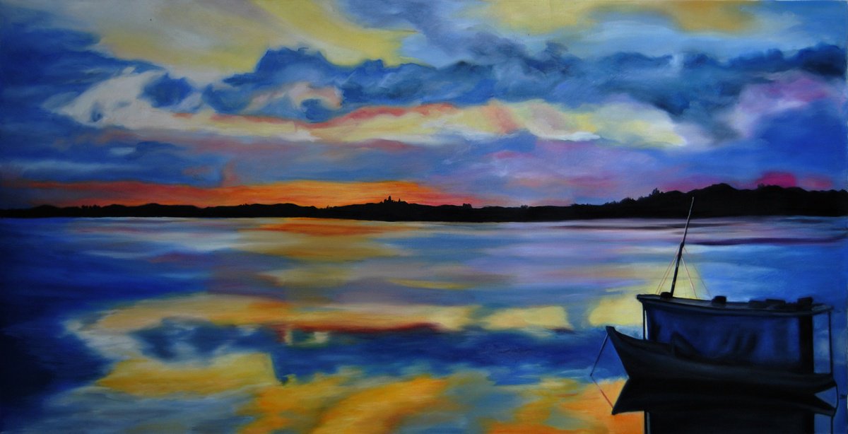 Photorealistic Landscape Oil Painting By Simona Tsvetkova, 48 X 24", Sunset Landscape, Original Artwork