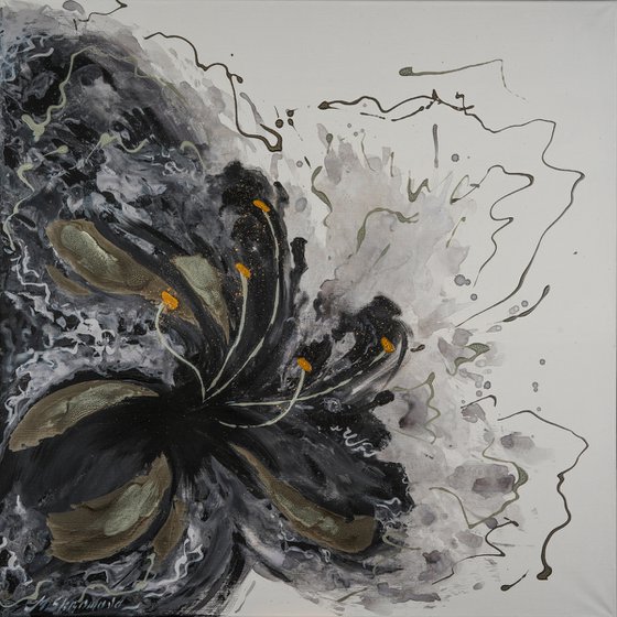 BLACK VEIL - Foil painting. Modern. Abstract. Gray shades. Hand-painted. Black. Flower. Textured. Golden leaf.