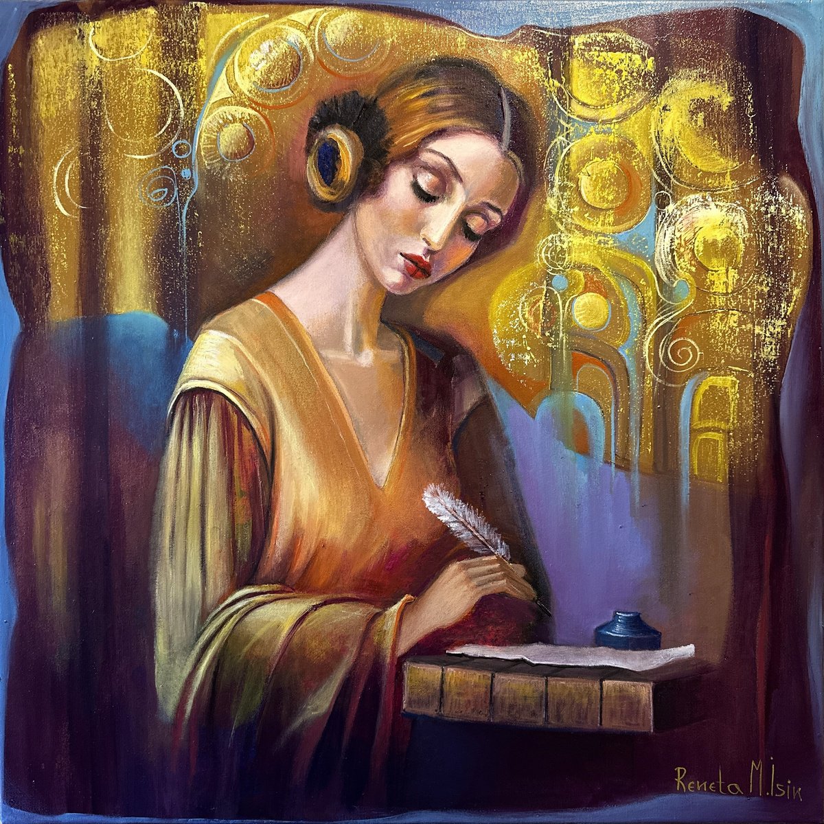 Impressionistic Portrait Oil Painting By Reneta Isin, 28 X 28", " Letter For You ", Original Artwork