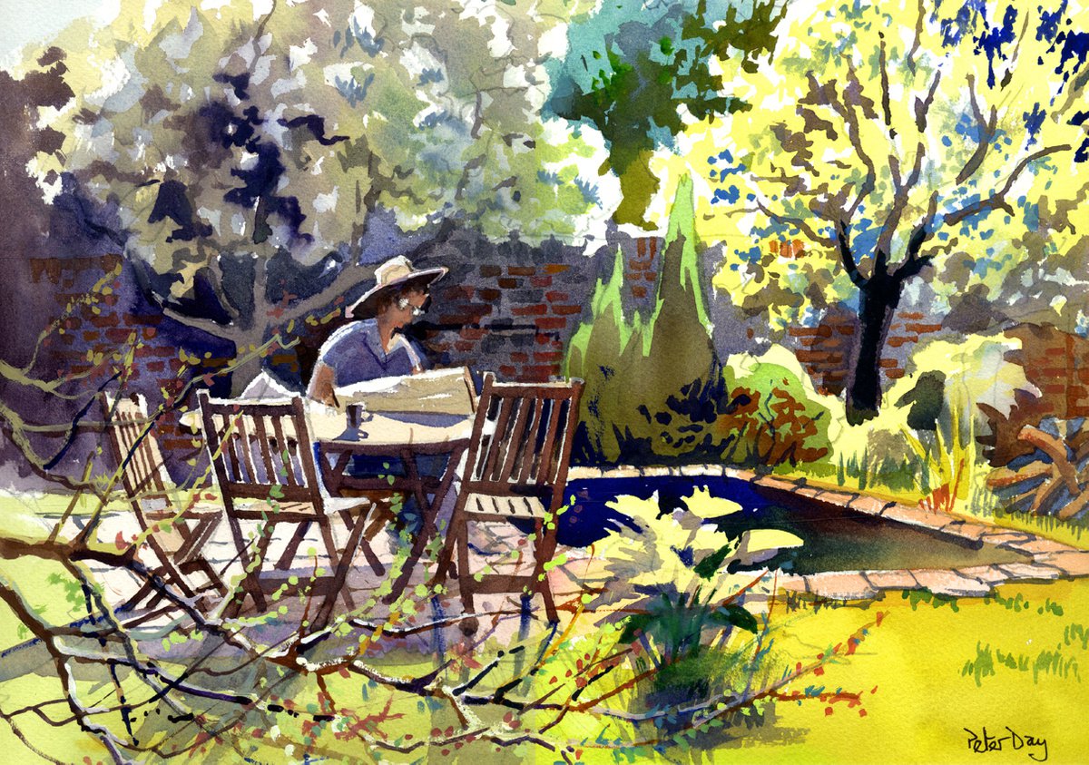 Impressionistic Landscape Watercolour By Peter Day, 17 X 13", Spring In The Garden, Original Artwork