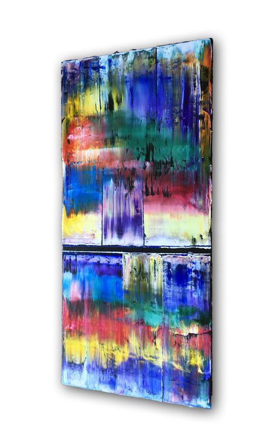 "Color Cascade" -  Original PMS Oil Painting On Reclaimed Wood - 16 x 35 inches