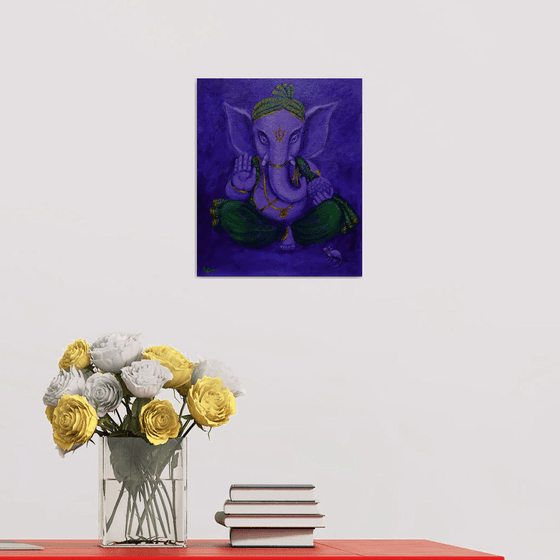 Purple Ganesha in green silk