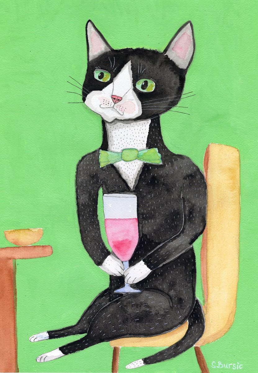 Naive Watercolour , Tuxedo Cat Drinking Red Wine By Sharyn Bursic, 12 X 17, Artwork For Sale On Artfinder