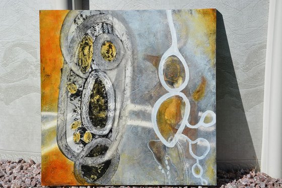 Evolution Series - large abstract painting with grey, yellow and white on wood.