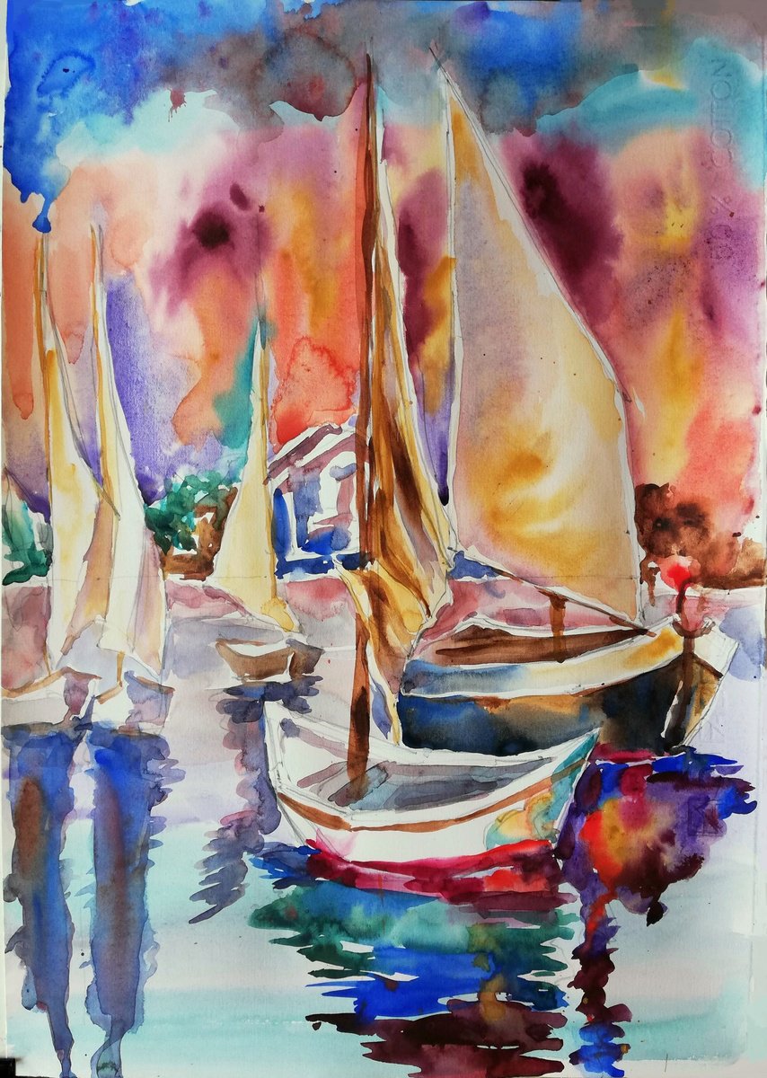 Impressionistic Landscape Watercolour By Jelena Djokic, 14 X 20, Boats At Sunset, Original Artwork