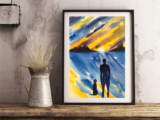 Man and Dog Painting Seascape Original Art Beach Dog Walker Watercolor Artwork Small Home Wall Art 8 by 12" by Halyna Kirichenko