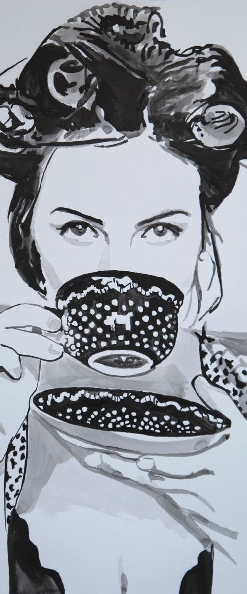 Girl with curlers and coffee / 42 x 29.7 cm by Alexandra Djokic