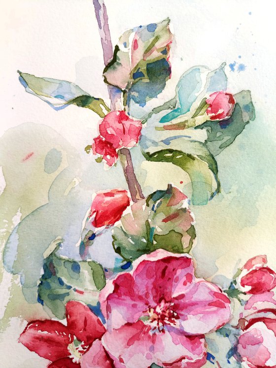 Original watercolor painting "Red apple tree. Branch of a blossoming tree in the spring"