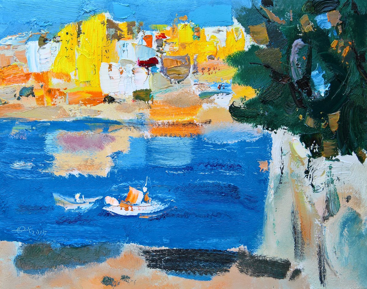 Impressionistic Landscape Oil Painting By Kunlong Wang, 24 X 20", Coast City, Original Artwork