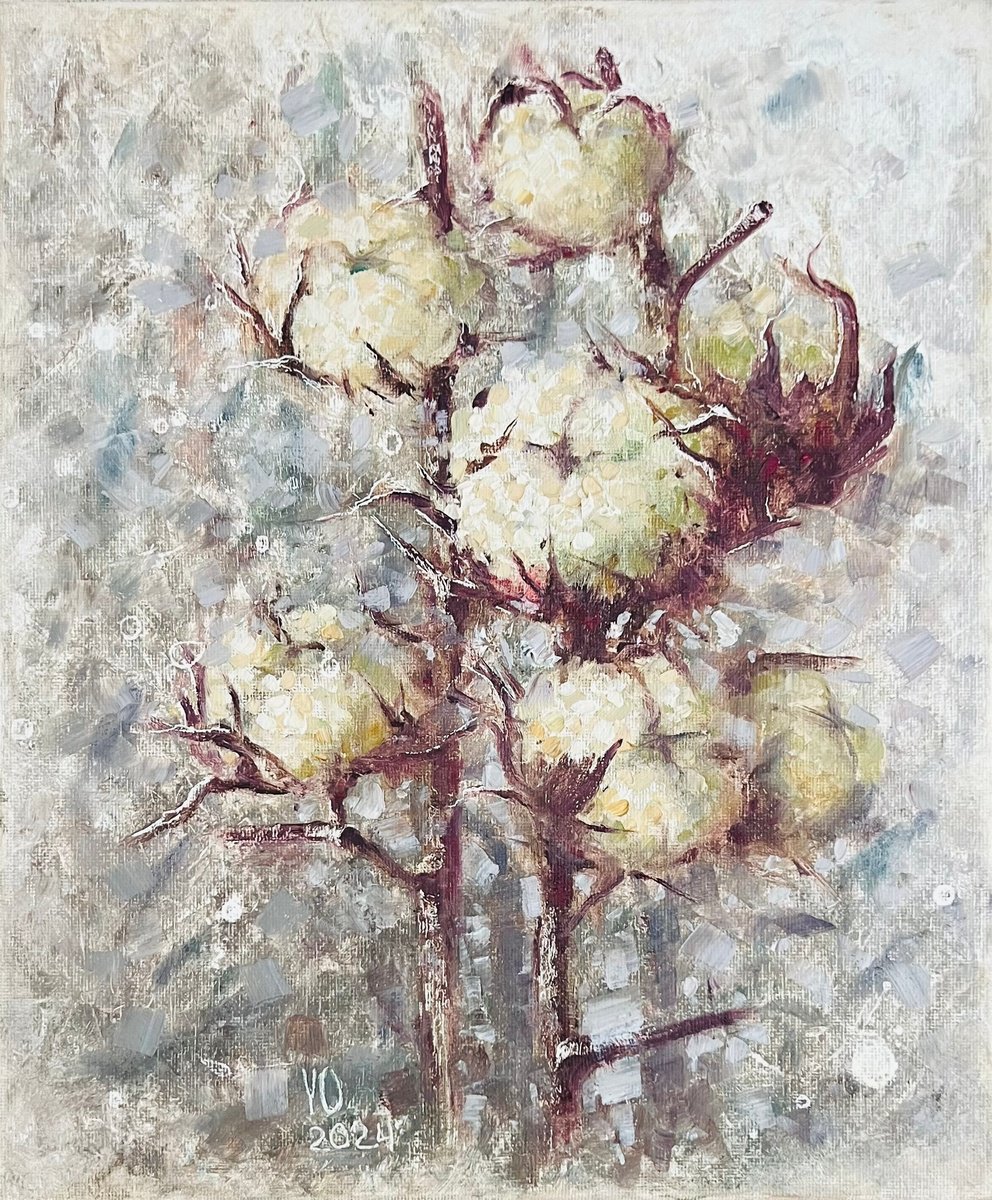 Impressionistic Botanical Oil Painting By Yulia Odukalets, 10 X 12", Cotton Blossoms, Original Artwork