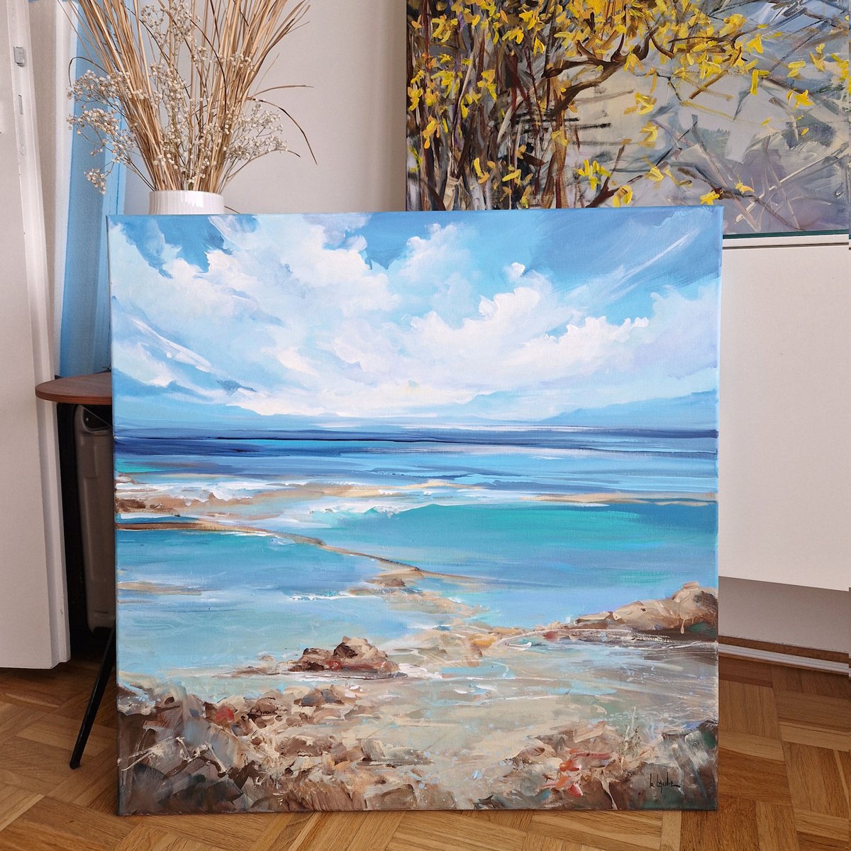 Impressionistic Landscape Acrylic Painting By Irina Laube, 31 X 31, Summer Clouds, Original Artwork