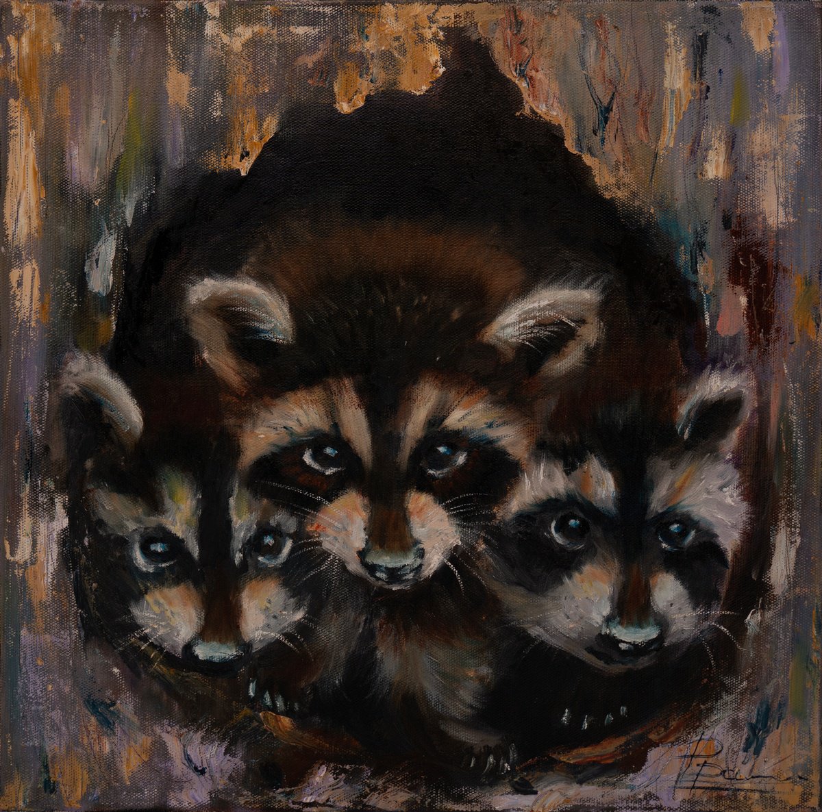 Raccoon Family By Olga Tchefranov (Shefranov), 16 X 16, Artwork For Sale On Artfinder