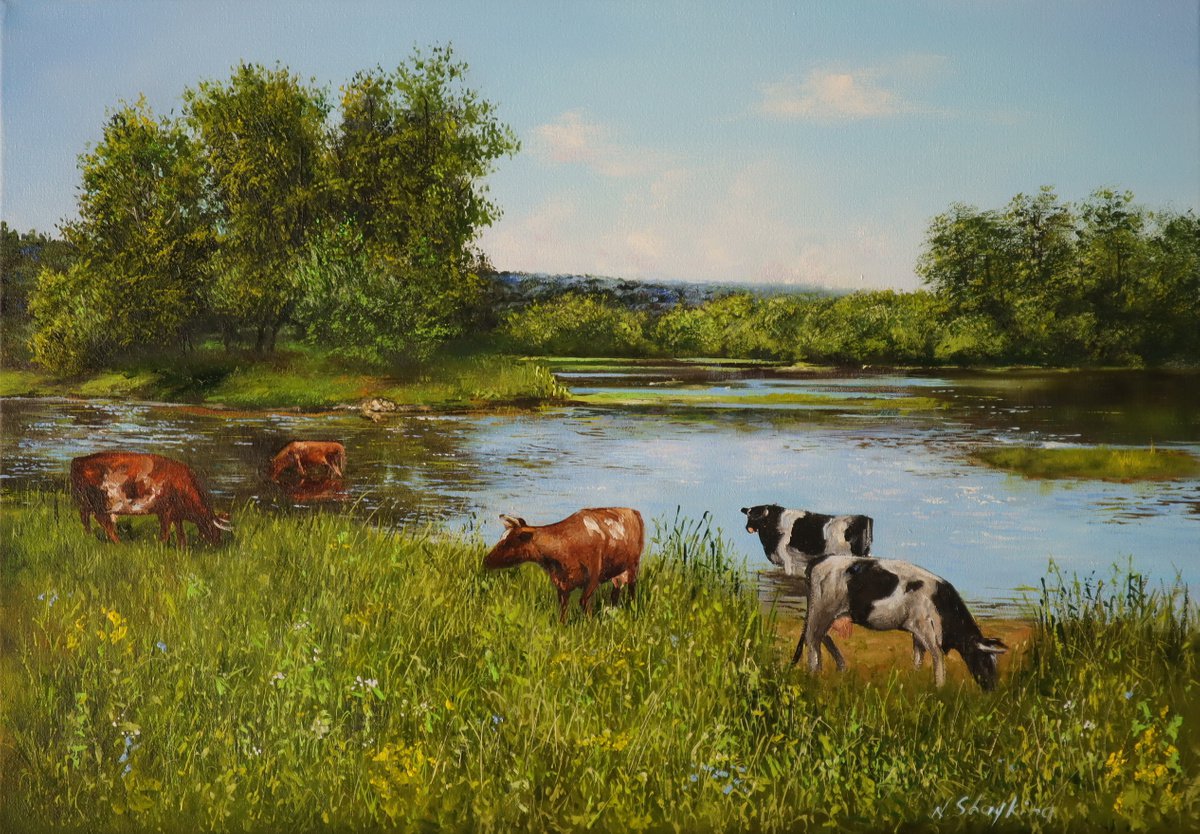 Country Landscape With Cattle Watering, Farm Life Painting, Farmhouse Art, Pastoral Landsc... by Natalia Shaykina