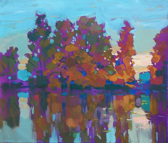 Dawn. Trees by the river, 70x60 cm