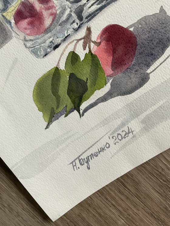 Apples in glass, watercolour