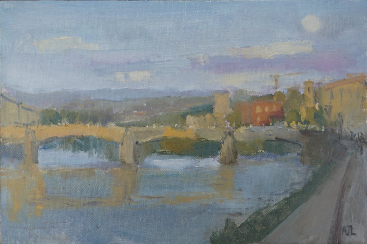 Impressionistic Cityscapes Oil Painting By Alex James Long, 12 X 8, Moonrise Over Florence, Original Artwork