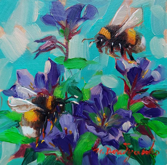 Two bee or not two bee - Couple gift idea anniversary, Bumble bee art painting original small framed picture