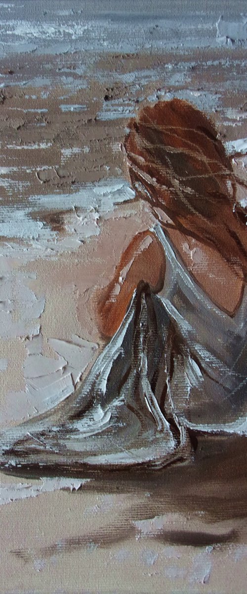 " ENDING THE DAY ... " SUN SKY SEA SAND liGHt  ORIGINAL OIL PAINTING, GIFT, PALETTE KNIFE by Monika Luniak