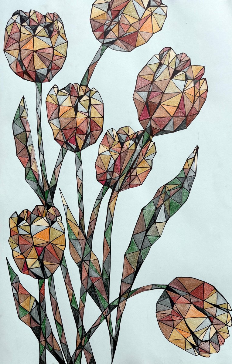 Geometric Painting , Amber Crystal Tulips On A Soft Blue By Maria Tuzhilkina, 13 X 20, Artwork For Sale On Artfinder