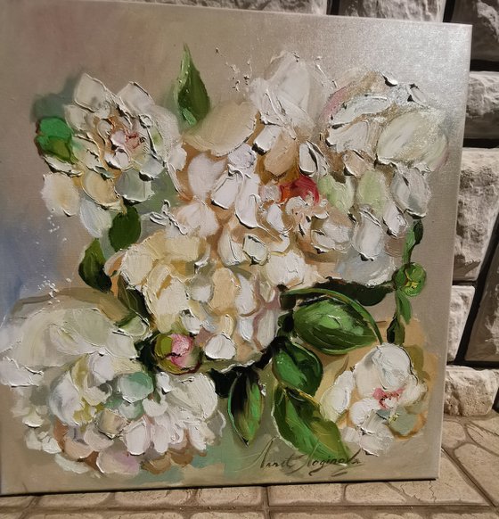 White peonies flowers painting on canvas, Textural white floral art